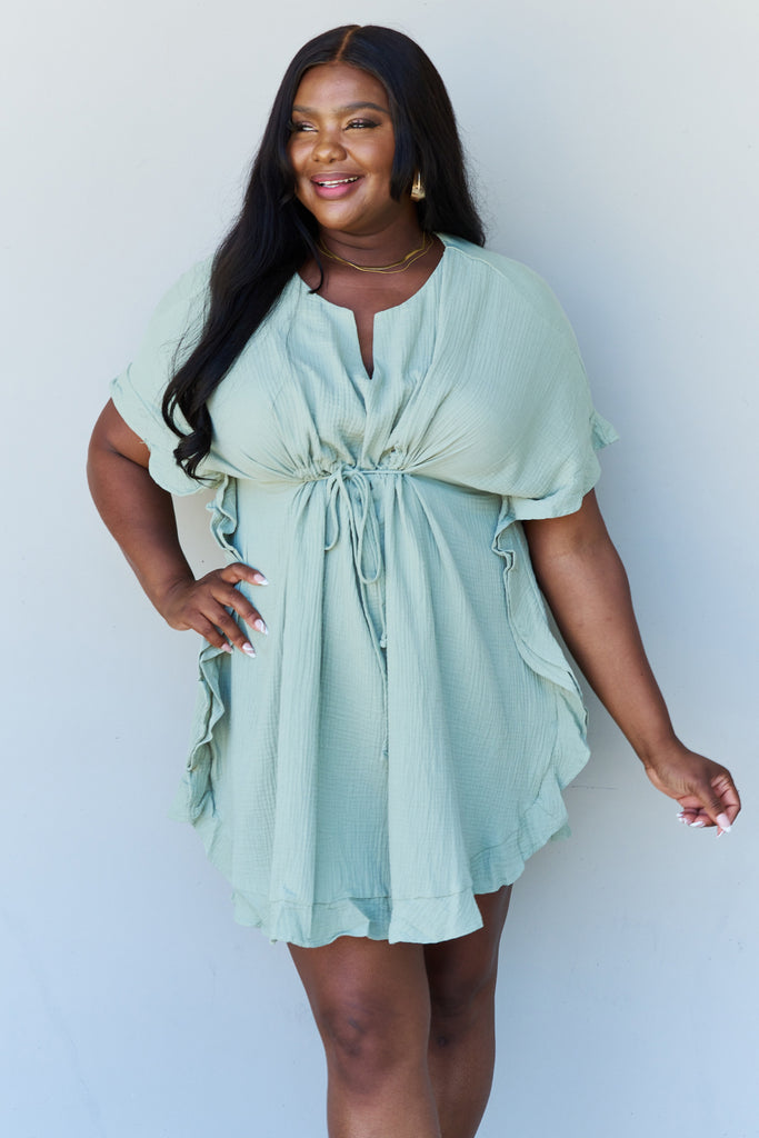 Ninexis Out Of Time Full Size Ruffle Hem Dress with Drawstring Waistband in Light Sage - Scarlet Avenue