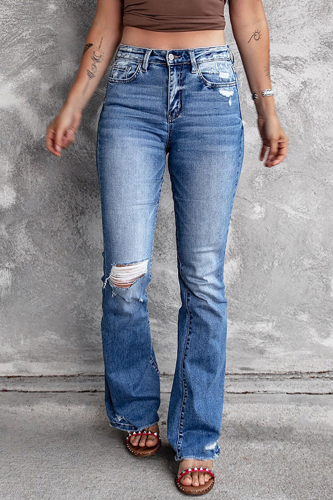 Distressed Flared Jeans with Pockets - Scarlet Avenue