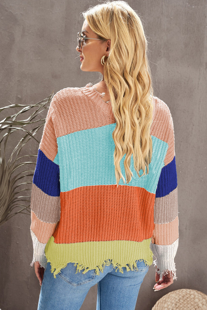 Color Block Distressed V-Neck Ribbed Sweater - Scarlet Avenue