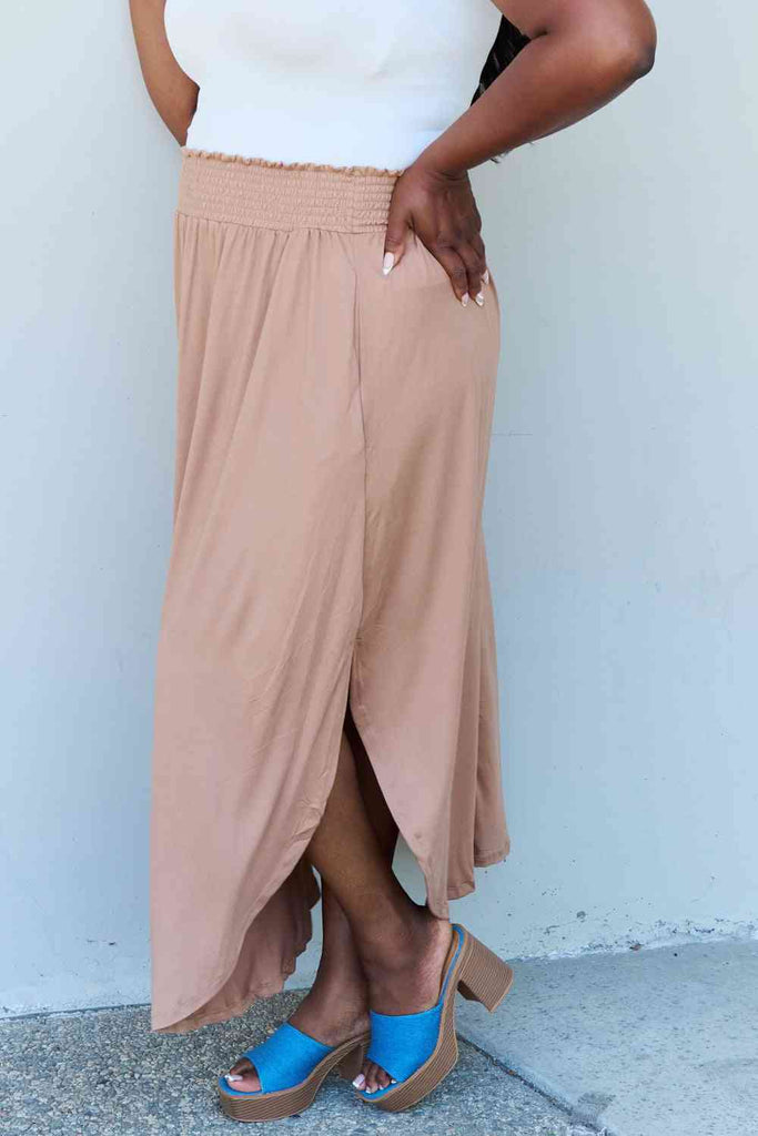 Doublju Comfort Princess Full Size High Waist Scoop Hem Maxi Skirt in Tan - Scarlet Avenue