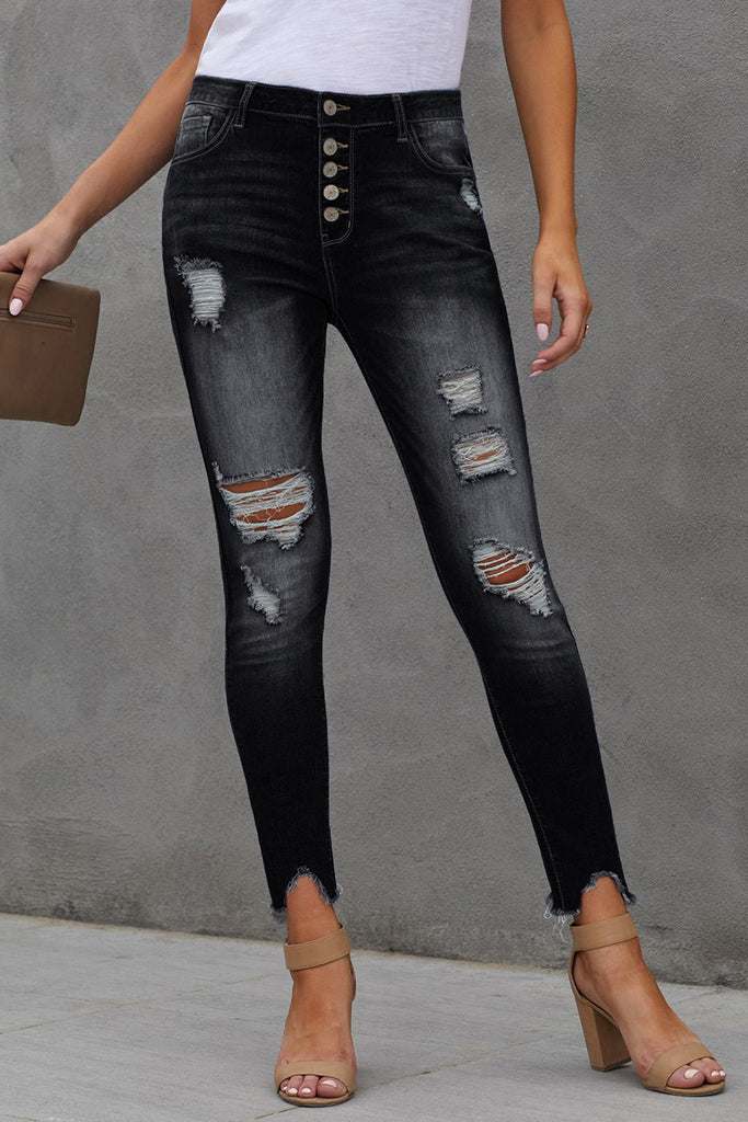 Button Fly Hem Detail Ankle-Length Skinny Jeans - Scarlet Avenue
