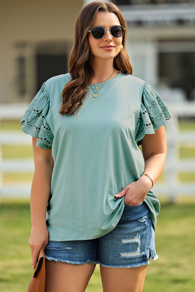 Plus Size Butterfly Sleeve Round Neck Top - Scarlet Avenue