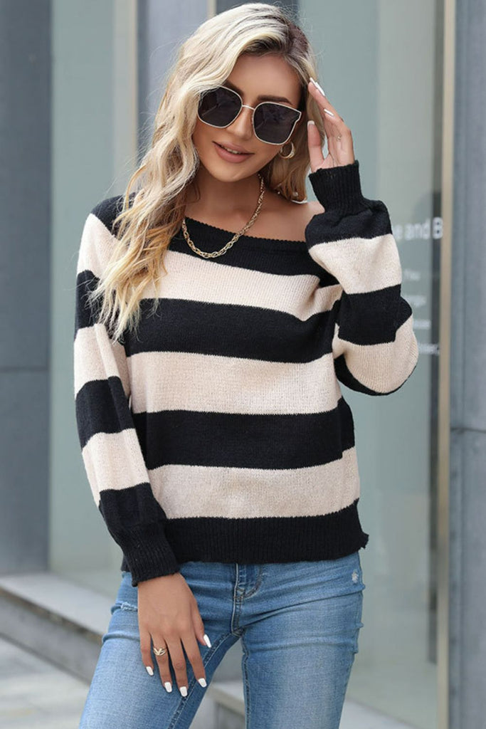 Horizontal Stripe Raglan Sleeve Sweater - Scarlet Avenue