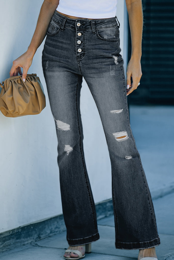 Distressed Button-Fly Flare Jeans - Scarlet Avenue