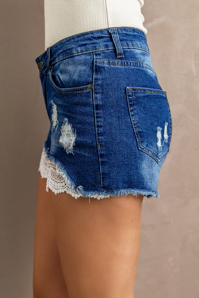 Spliced Lace Distressed Denim Shorts - Scarlet Avenue