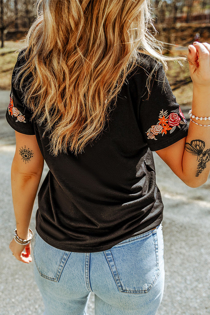 Embroidered Round Neck Tee Shirt - Scarlet Avenue