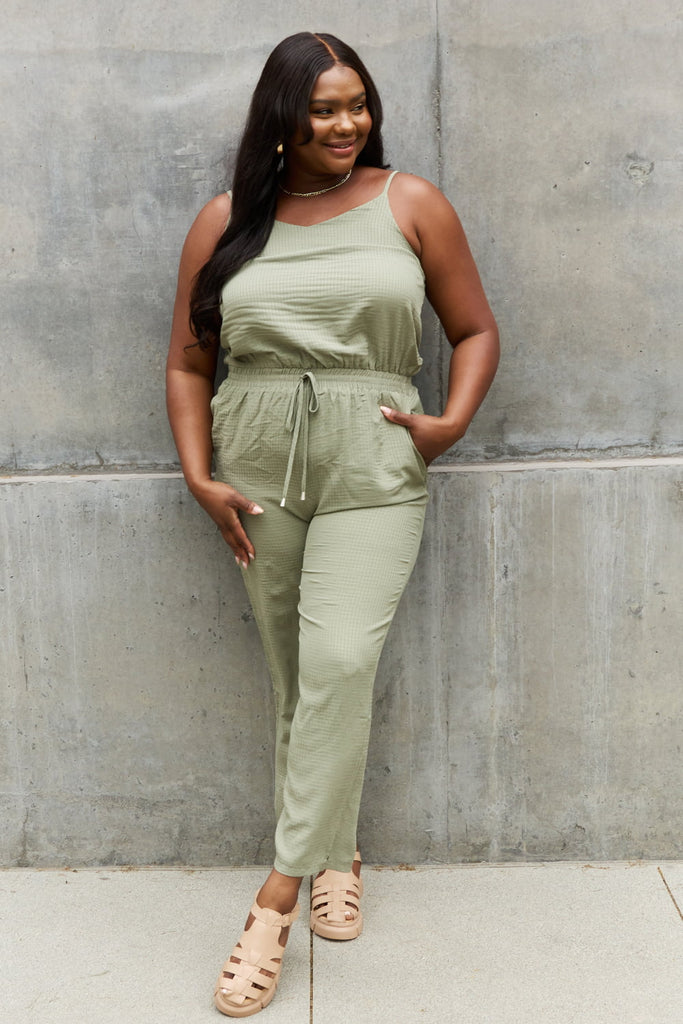 ODDI Full Size Textured Woven Jumpsuit in Sage - Scarlet Avenue