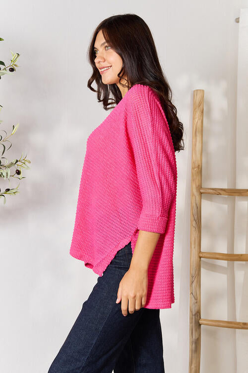 Zenana Full Size Round Neck High-Low Slit Knit Top - Scarlet Avenue