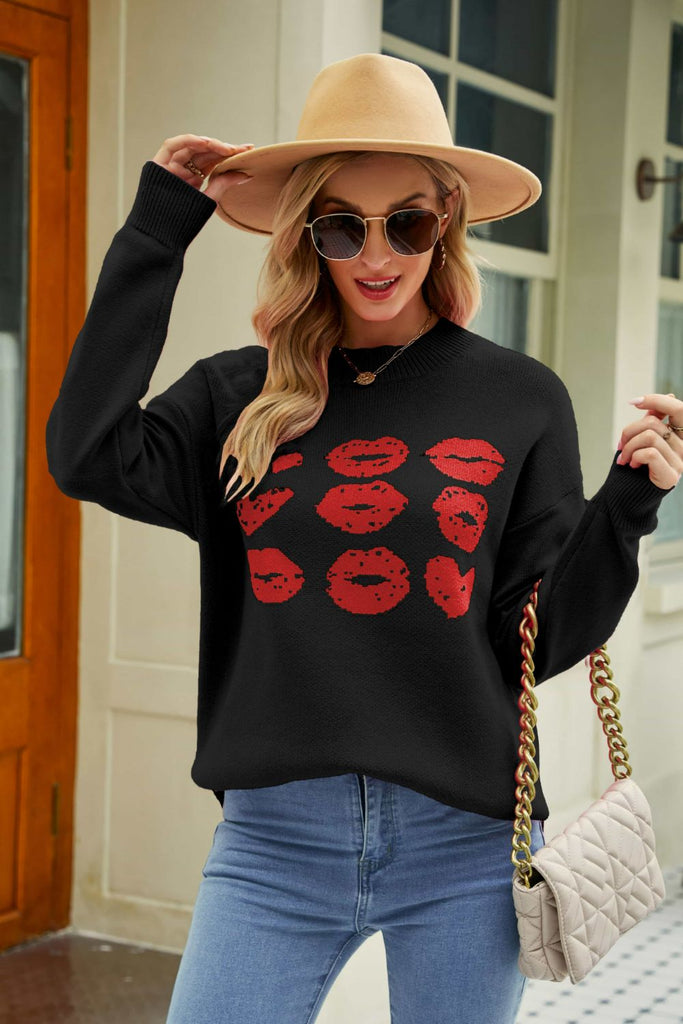 Lip Graphic Slit Dropped Shoulder Sweater - Scarlet Avenue