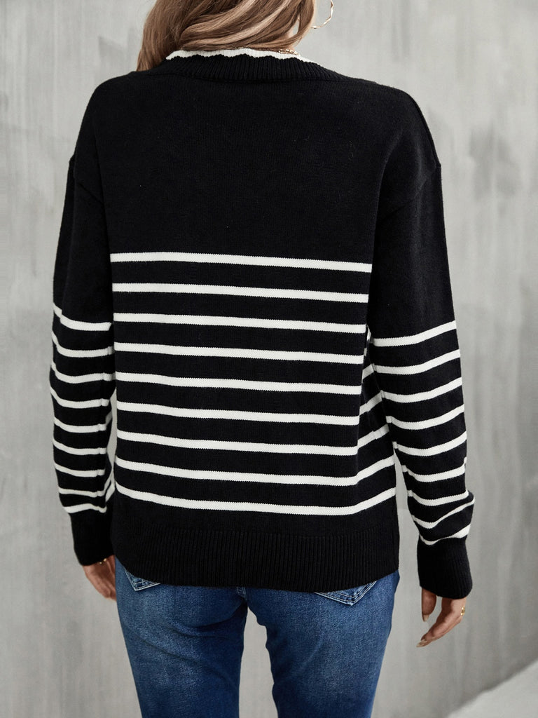 Striped V-Neck Drop Shoulder Sweater - Scarlet Avenue