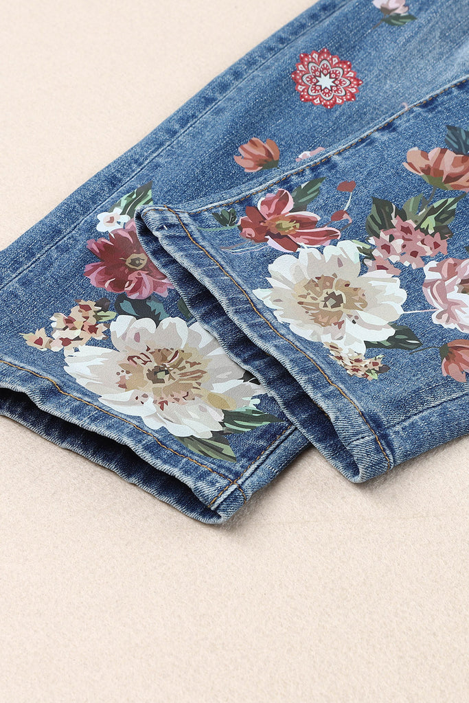 Floral Graphic Patchwork Distressed Jeans - Scarlet Avenue