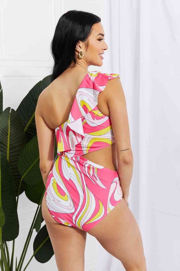 Marina West Swim Vitamin C Asymmetric Cutout Ruffle Swimsuit in Pink - Scarlet Avenue