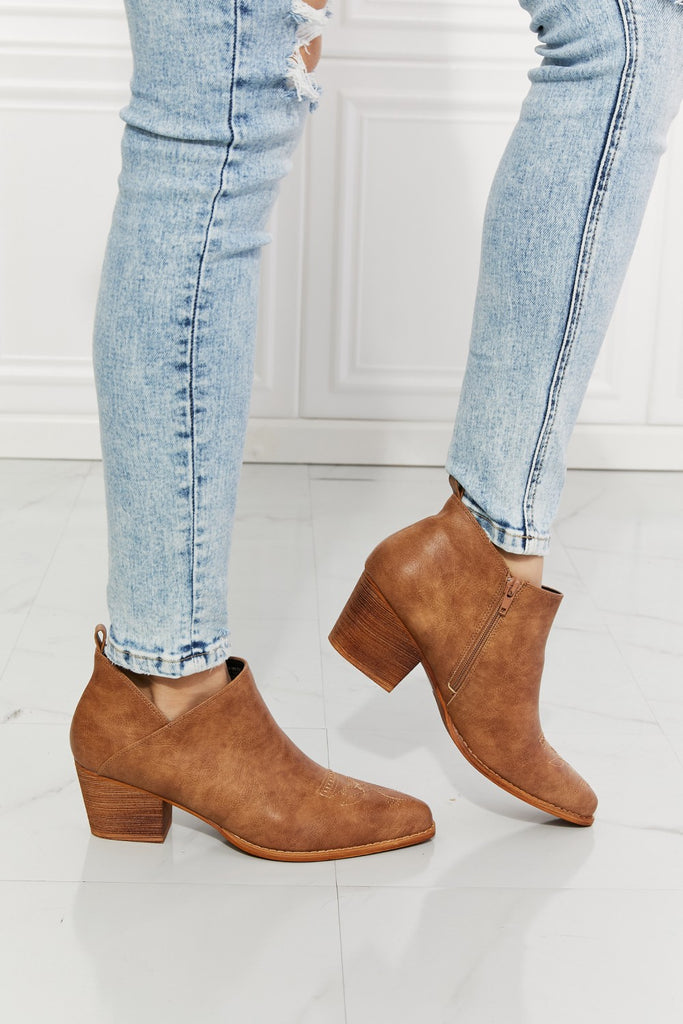 MMShoes Trust Yourself Embroidered Crossover Cowboy Bootie in Caramel - Scarlet Avenue