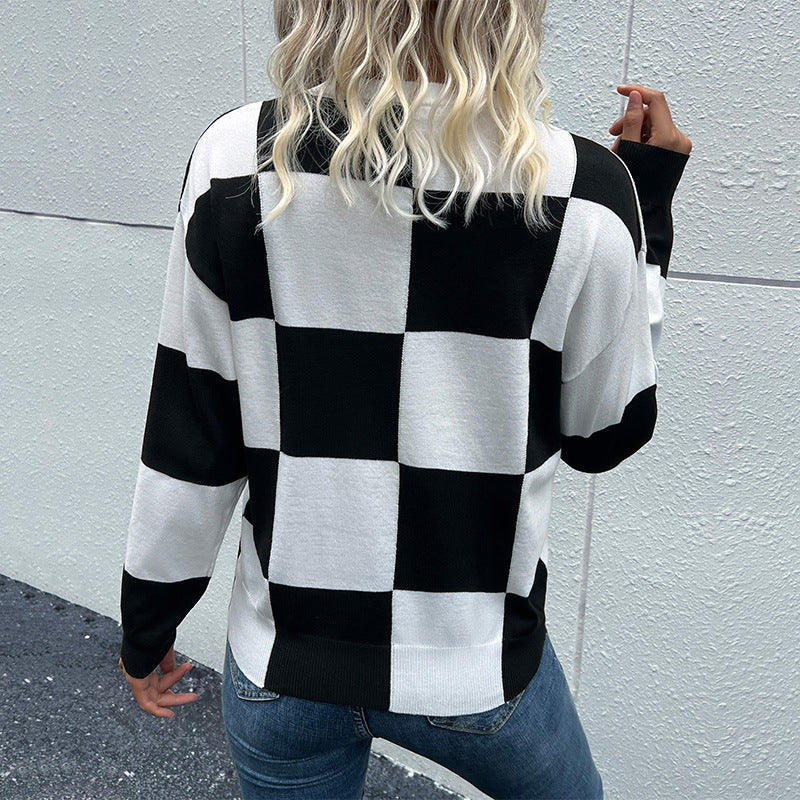 Checkered Drop Shoulder Knit Pullover - Scarlet Avenue