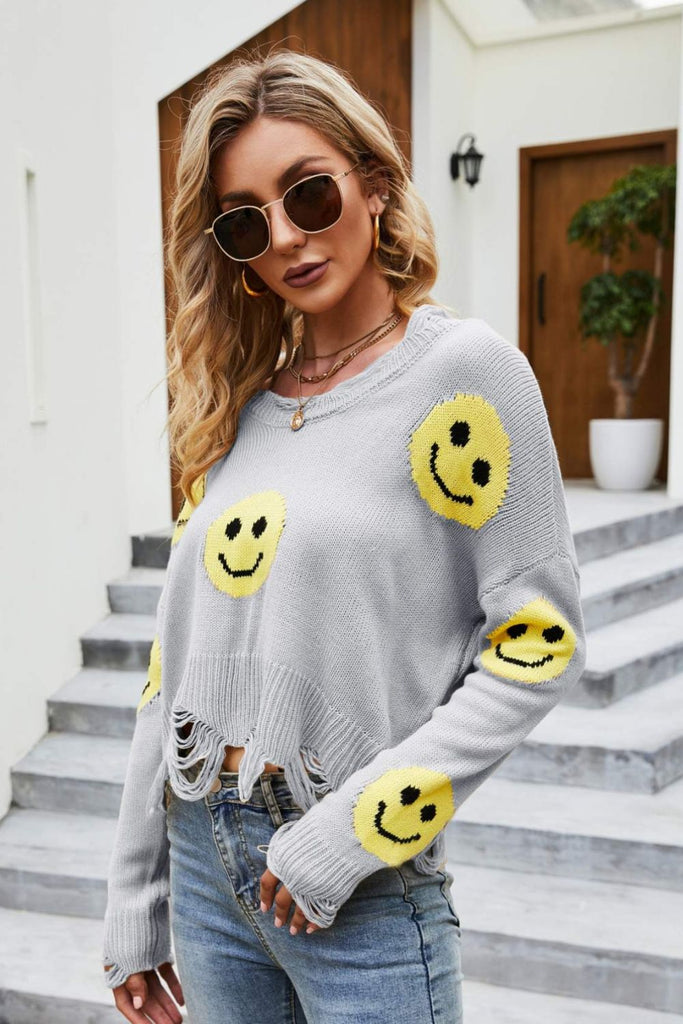 Smiley Face Distressed Round Neck Sweater - Scarlet Avenue
