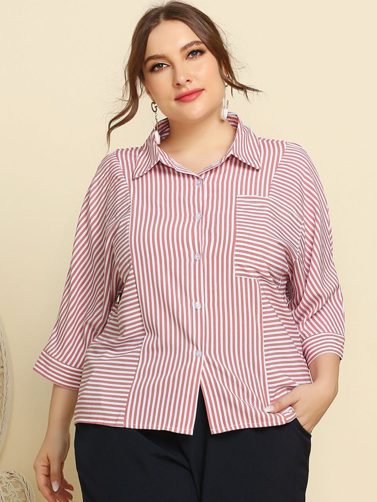 Plus Size Striped Three-Quarter Sleeve Shirt - Scarlet Avenue