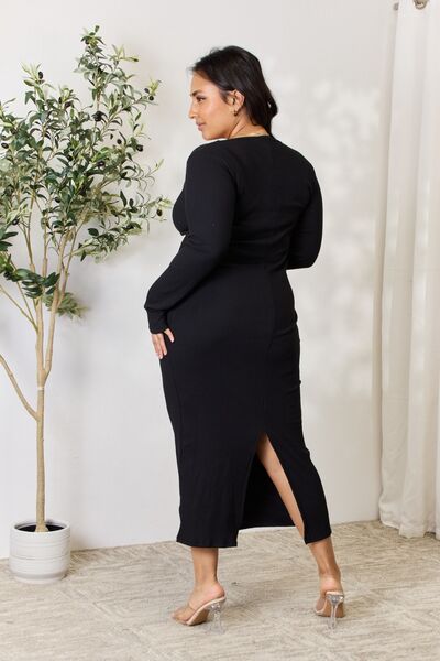 Culture Code Full Size Ribbed Long Sleeve Midi Slit Dress - Scarlet Avenue