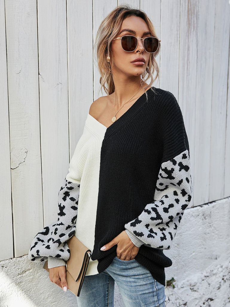 Leopard Color Block V-Neck Tunic Pullover Sweater - Scarlet Avenue