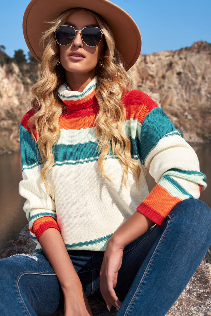 Striped Turtleneck Drop Shoulder Sweater - Scarlet Avenue