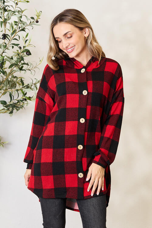 Heimish Full Size Plaid Button Front Hooded Shirt - Scarlet Avenue