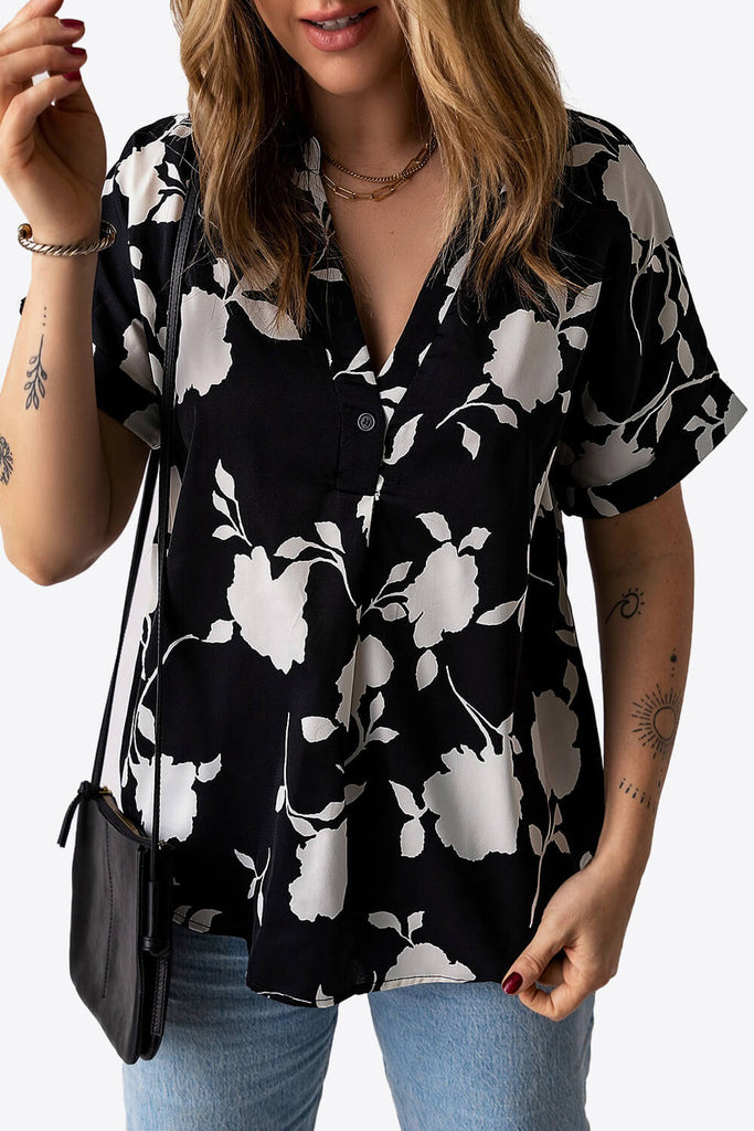 Floral Notched Neck Cuffed Short Sleeve Blouse - Scarlet Avenue