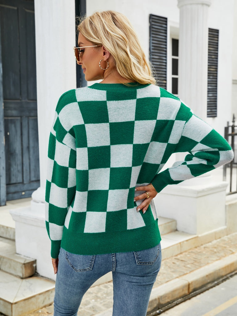 Checkered Round Neck Sweater - Scarlet Avenue