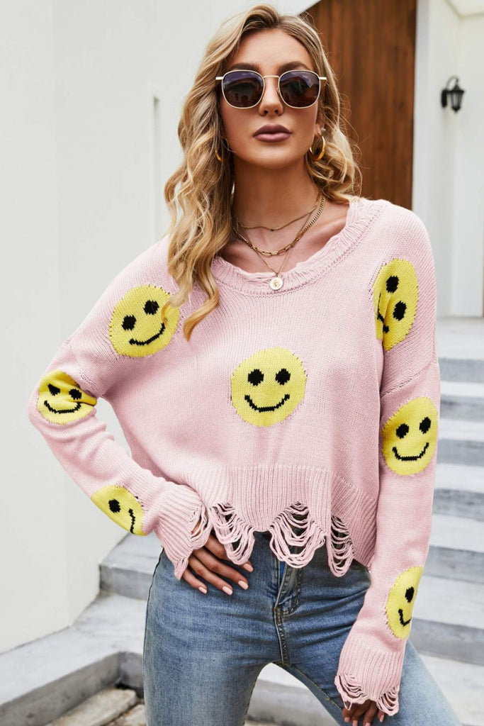 Smiley Face Distressed Round Neck Sweater - Scarlet Avenue