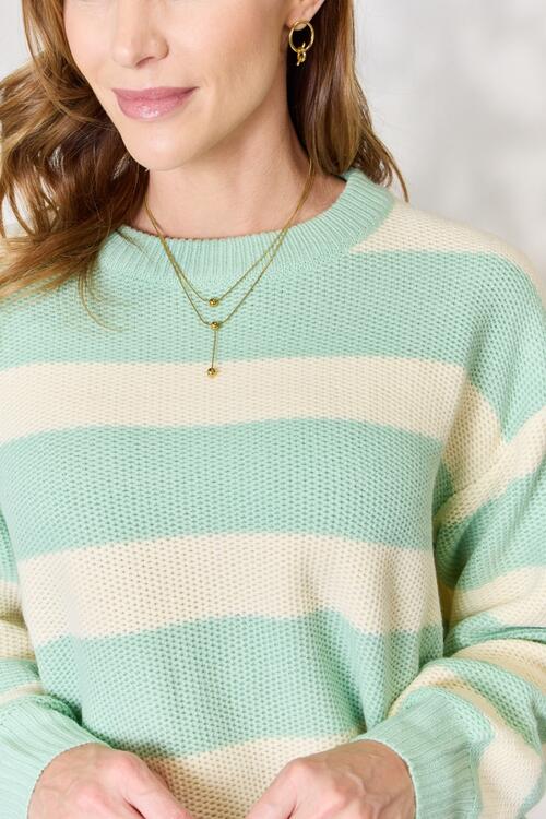 Sew In Love Full Size Contrast Striped Round Neck Sweater - Scarlet Avenue