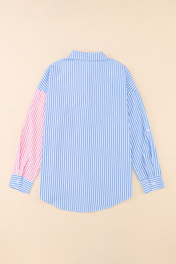 Striped Two-Tone Long Sleeve Shirt with Pocket - Scarlet Avenue