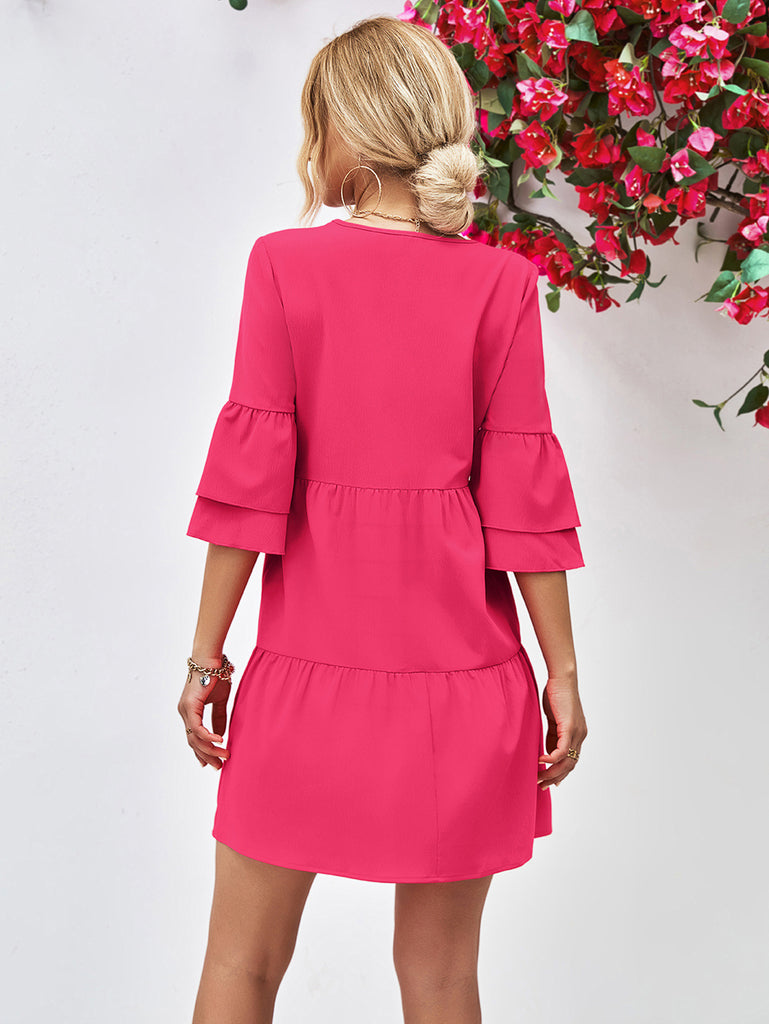 V-Neck Flare Sleeve Mini Dress - Scarlet Avenue