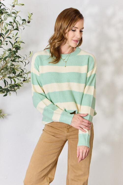 Sew In Love Full Size Contrast Striped Round Neck Sweater - Scarlet Avenue