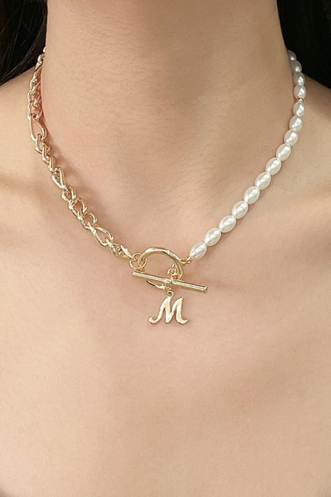 Alphabet M Pendant Half Pearl and Half Chain Necklace - Scarlet Avenue