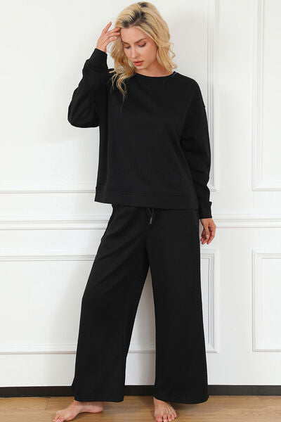 Double Take Full Size Textured Long Sleeve Top and Drawstring Pants Set - Scarlet Avenue