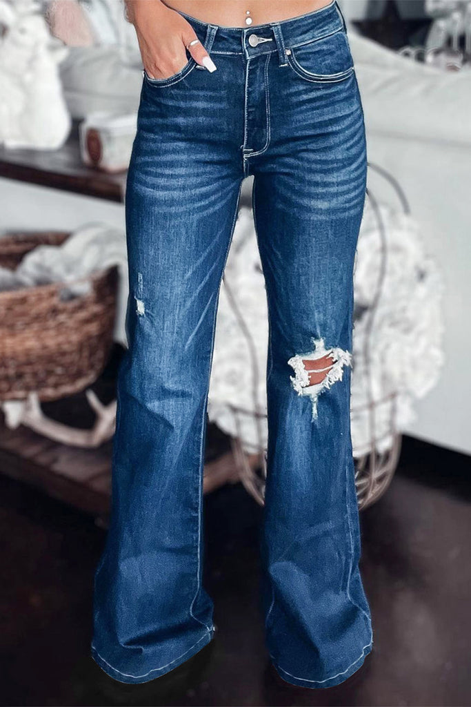 Asymmetrical Open Knee Distressed Flare Jeans - Scarlet Avenue