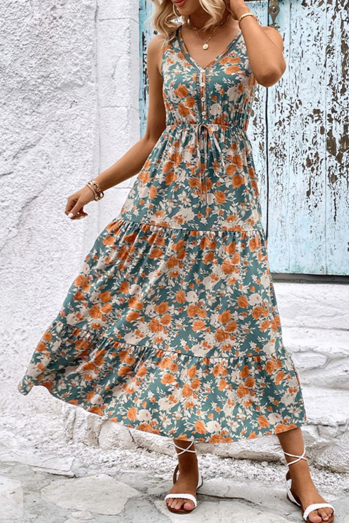 Floral V-Neck Tiered Sleeveless Dress - Scarlet Avenue