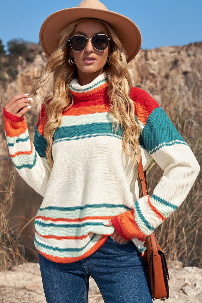 Striped Turtleneck Drop Shoulder Sweater - Scarlet Avenue