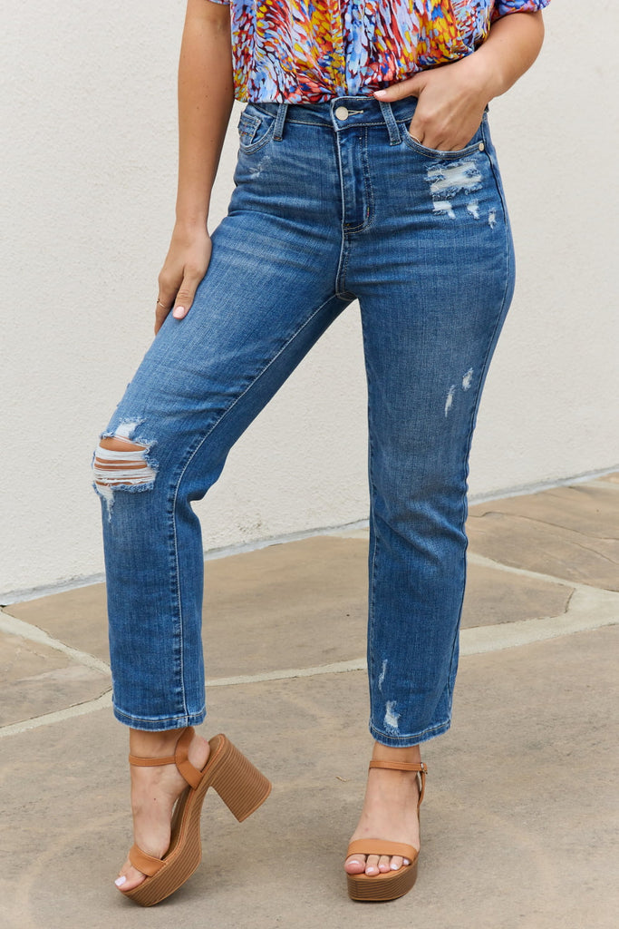 Judy Blue Theresa Full Size High Waisted Ankle Distressed Straight Jeans - Scarlet Avenue