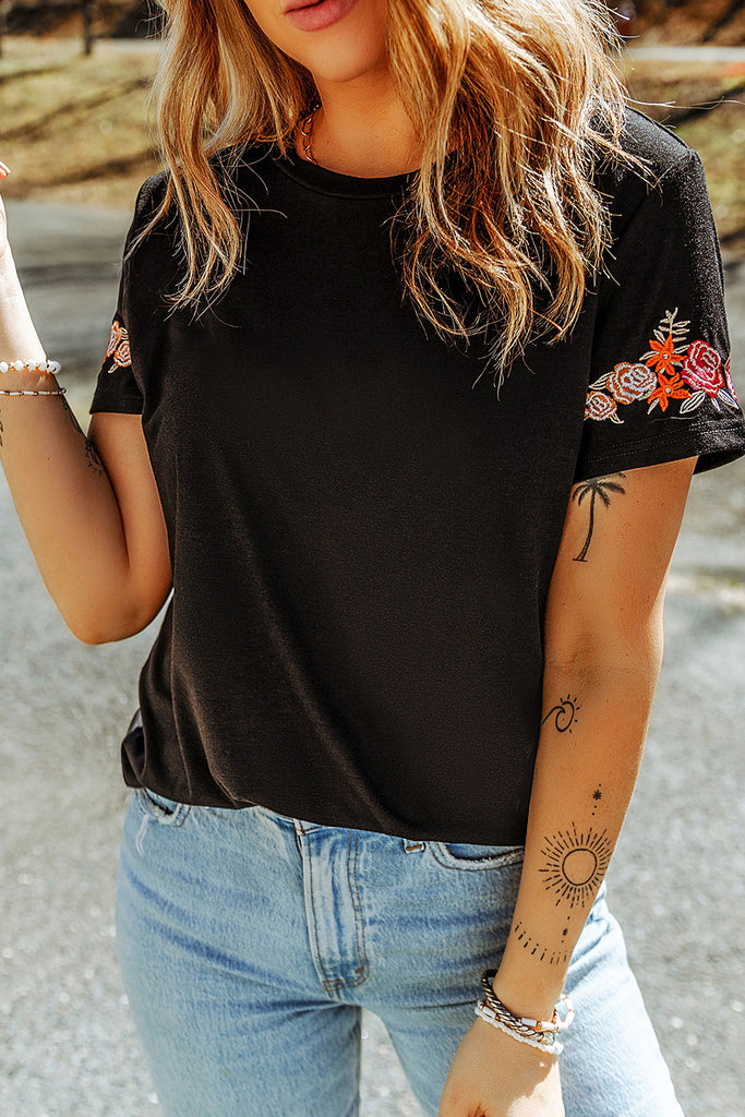 Embroidered Round Neck Tee Shirt - Scarlet Avenue