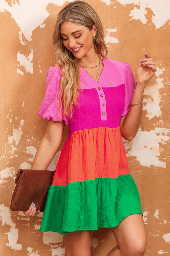 Color Block Buttoned Puff Sleeve Dress - Scarlet Avenue