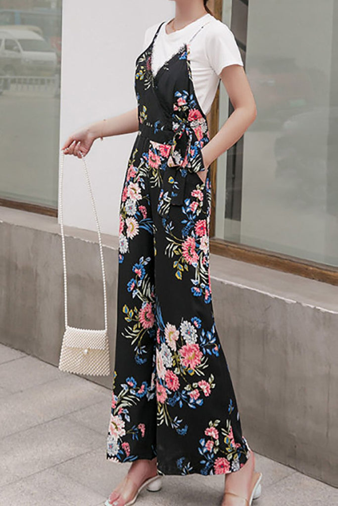 Floral Spaghetti Strap Wide Leg Jumpsuit with Pockets - Scarlet Avenue