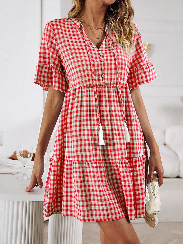 Plaid Flounce Sleeve Buttoned Mini Dress - Scarlet Avenue