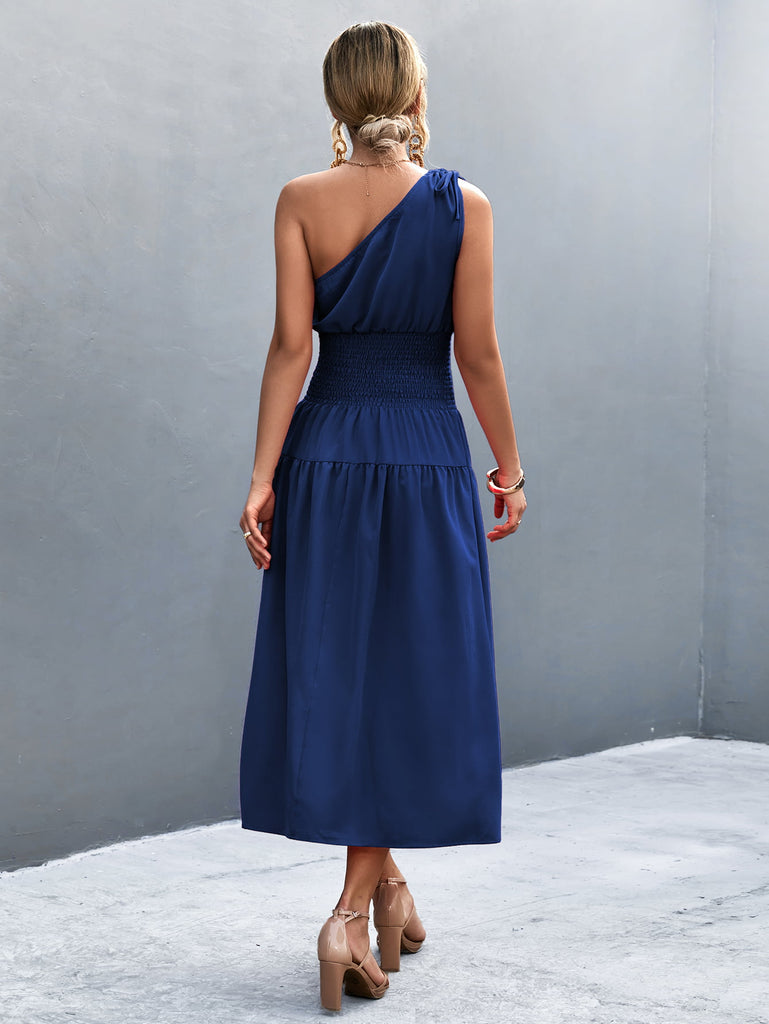 Asymmetrical One Shoulder Smocked Waist Midi Dress - Scarlet Avenue