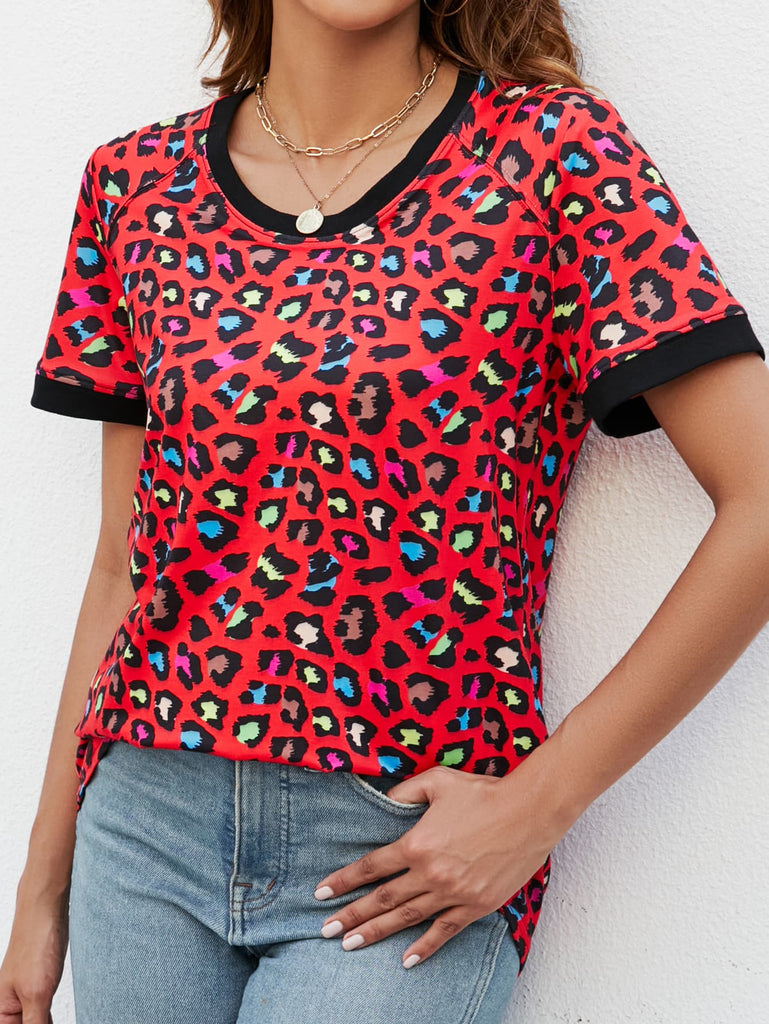 Leopard Round Neck Short Sleeve Tee Shirt - Scarlet Avenue