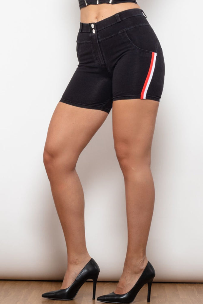 Full Size Side Stripe Buttoned Denim Shorts - Scarlet Avenue
